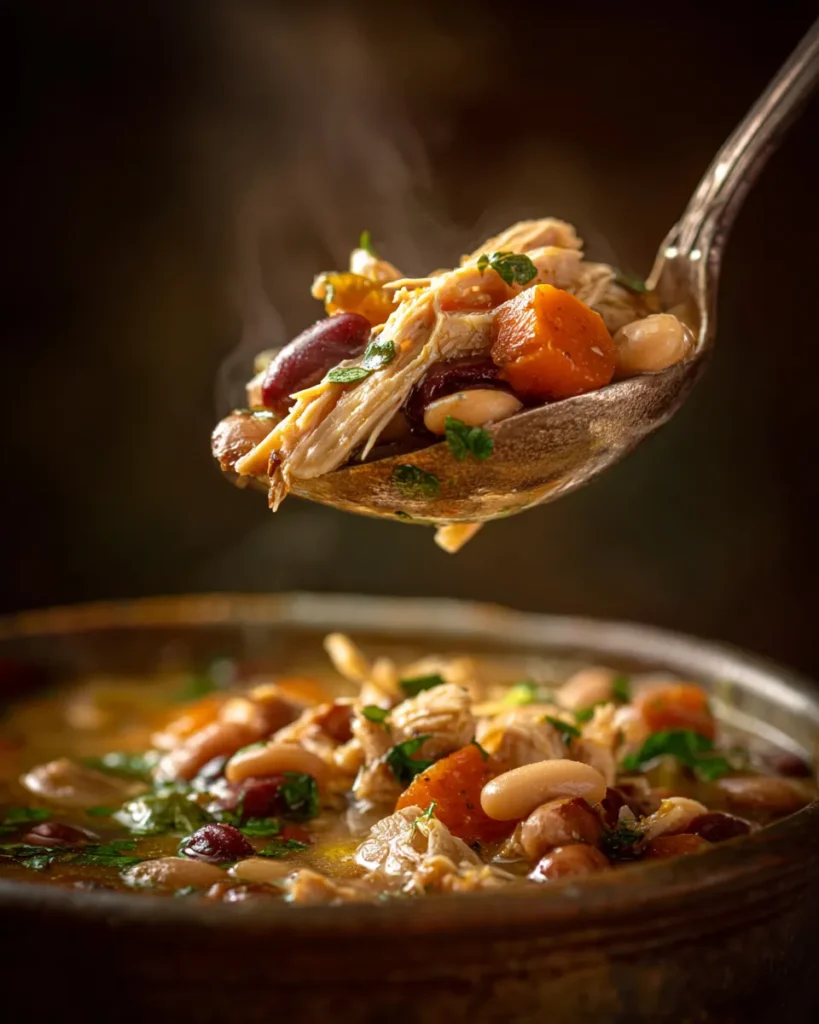 An extreme close-up view of a silver ladle lifting a chunky scoop of chicken and bean soup, highlighting the textures of tender chicken, white beans, and carrots.