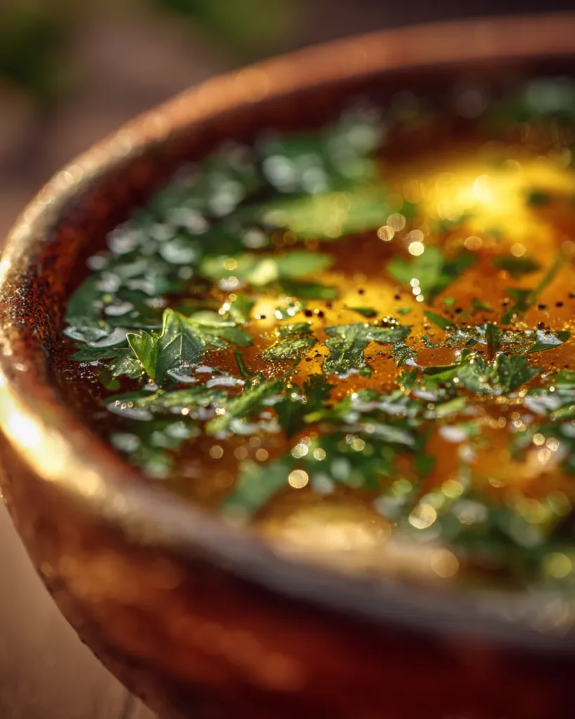 An extreme close-up surface view of rich golden homemade chicken soup, highlighting glistening oil droplets, vibrant green chopped parsley, and coarse black pepper with a sharp focus on textures.