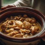 Chicken and cream of mushroom slow cooker recipe with golden chicken breasts in creamy mushroom sauce — overhead view