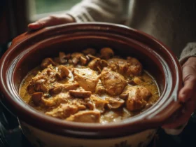 Chicken and cream of mushroom slow cooker recipe with golden chicken breasts in creamy mushroom sauce — overhead view