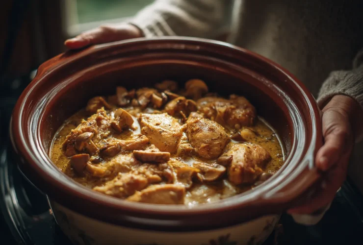 Chicken and cream of mushroom slow cooker recipe with golden chicken breasts in creamy mushroom sauce — overhead view