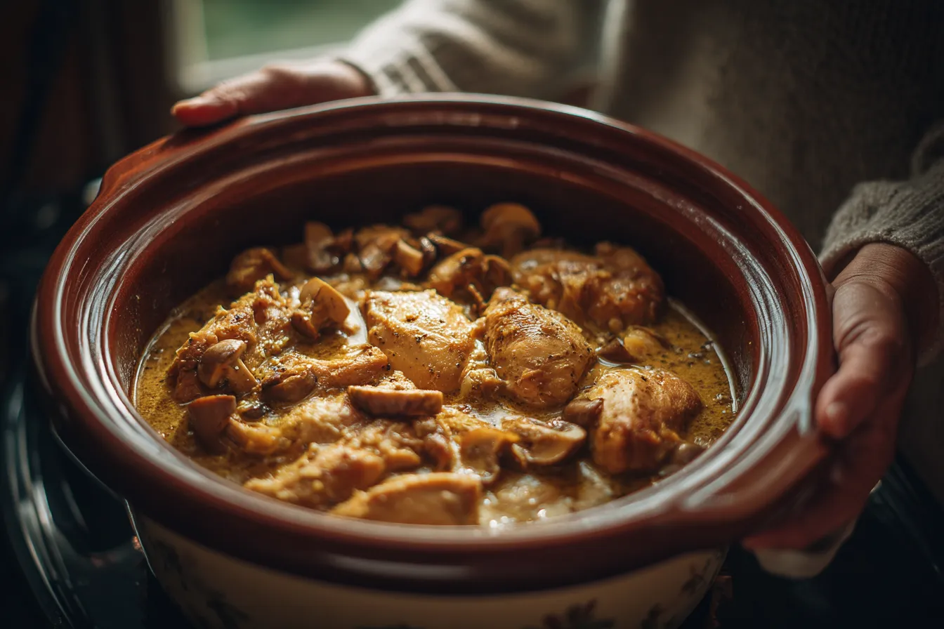Chicken and cream of mushroom slow cooker recipe with golden chicken breasts in creamy mushroom sauce — overhead view