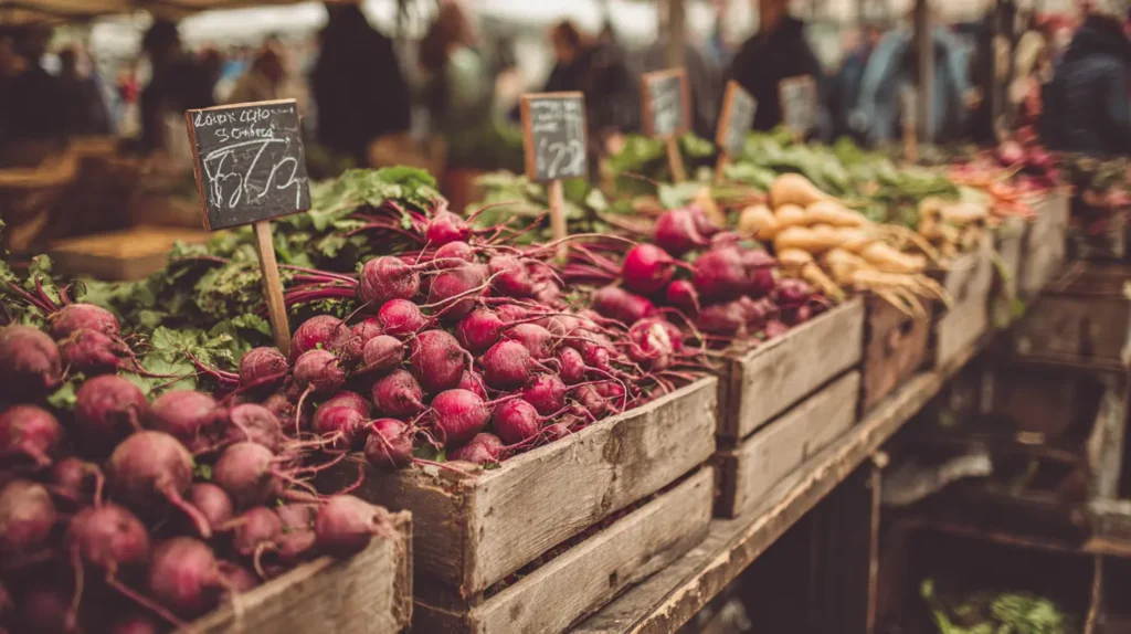 Farmers market beet varieties for beet juice recipe — red, golden, and Chioggia beets in wooden