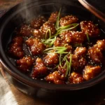 Crockpot orange chicken with sticky orange glaze sesame seeds and green onions in a slow cooker