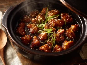 Crockpot orange chicken with sticky orange glaze sesame seeds and green onions in a slow cooker