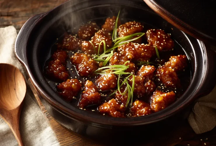 Crockpot orange chicken with sticky orange glaze sesame seeds and green onions in a slow cooker