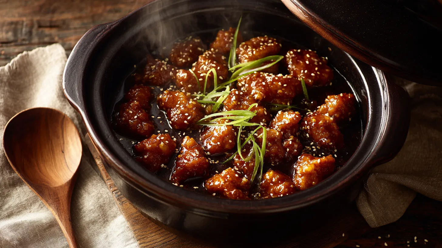 Crockpot orange chicken with sticky orange glaze sesame seeds and green onions in a slow cooker