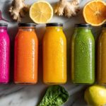 Six colorful juice cleanse recipes in glass bottles with fresh fruits and vegetables on marble counter