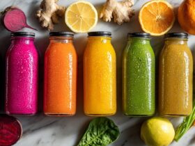 Six colorful juice cleanse recipes in glass bottles with fresh fruits and vegetables on marble counter