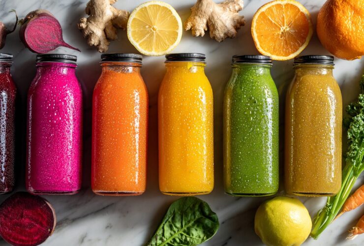 Six colorful juice cleanse recipes in glass bottles with fresh fruits and vegetables on marble counter