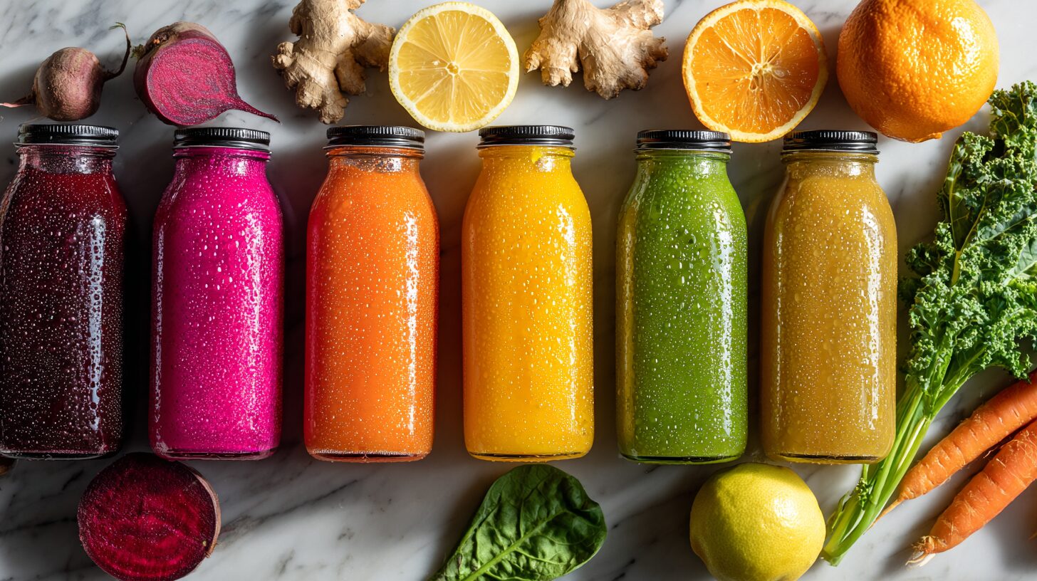 Six colorful juice cleanse recipes in glass bottles with fresh fruits and vegetables on marble counter