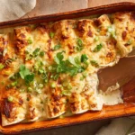 Sour cream chicken enchilada recipe in a baking dish with golden bubbly cheese green onions and cilantro