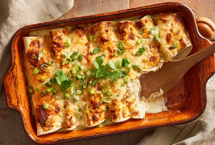 Sour cream chicken enchilada recipe in a baking dish with golden bubbly cheese green onions and cilantro