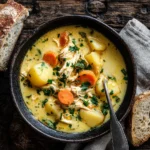 An overhead view of a rustic bowl filled with creamy homemade chicken and potato soup served with toasted sourdough bread.