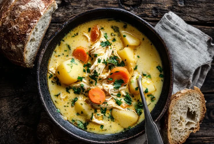 An overhead view of a rustic bowl filled with creamy homemade chicken and potato soup served with toasted sourdough bread.