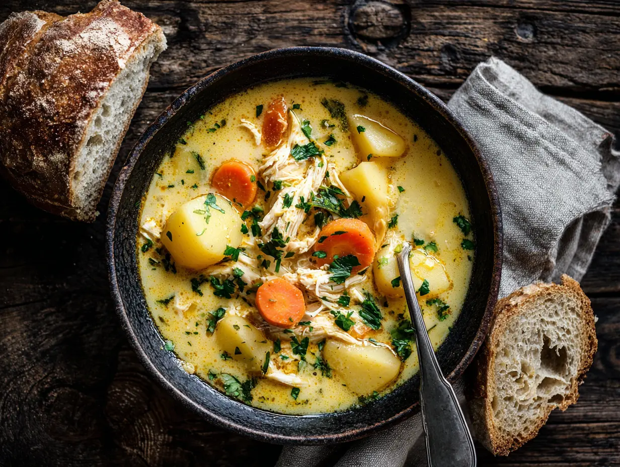 An overhead view of a rustic bowl filled with creamy homemade chicken and potato soup served with toasted sourdough bread.