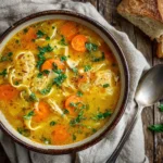 A warm, overhead view of homemade panera chicken noodle soup in a ceramic bowl served with a crusty baguette.