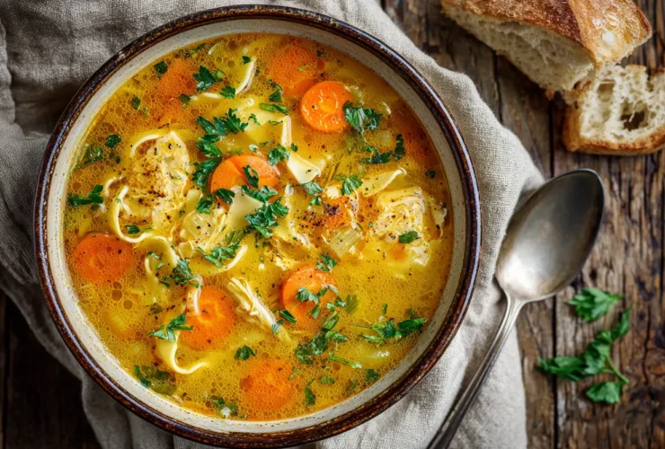 A warm, overhead view of homemade panera chicken noodle soup in a ceramic bowl served with a crusty baguette.