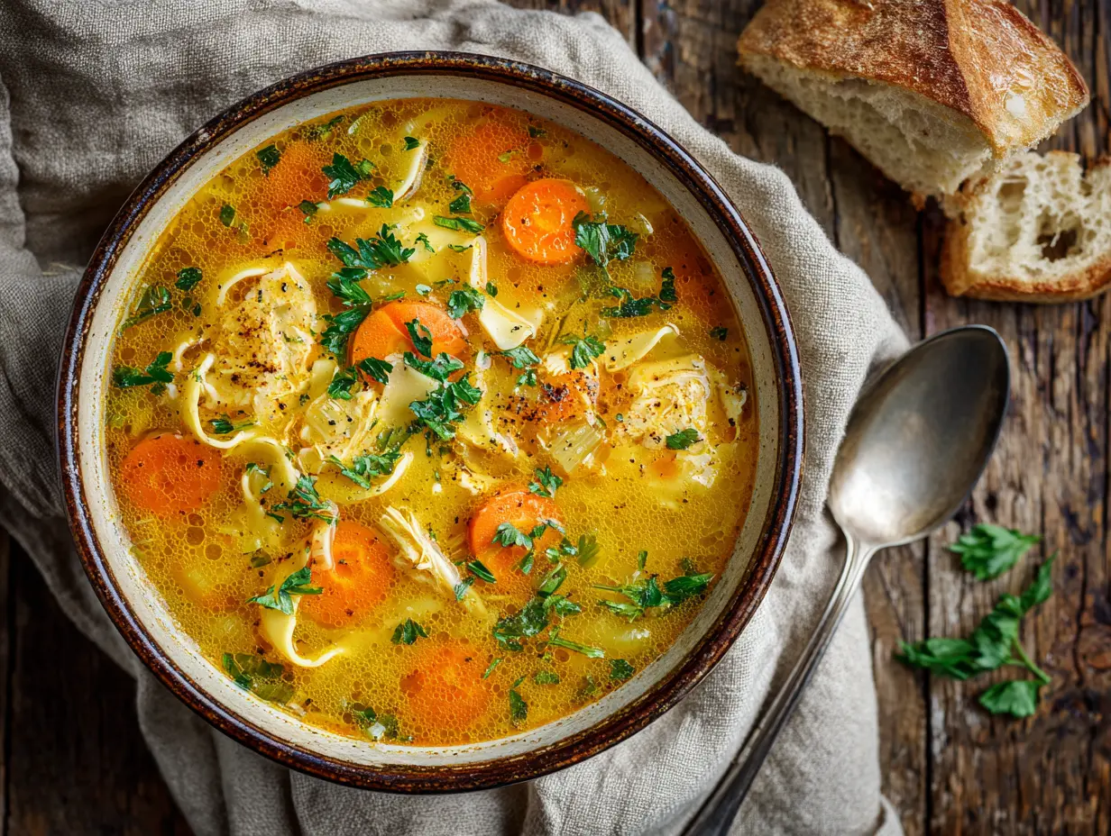 A warm, overhead view of homemade panera chicken noodle soup in a ceramic bowl served with a crusty baguette.