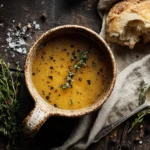 An overhead view of a rustic ceramic mug filled with deeply golden, healing bone broth soup recipe chicken served with fresh thyme and sourdough bread.