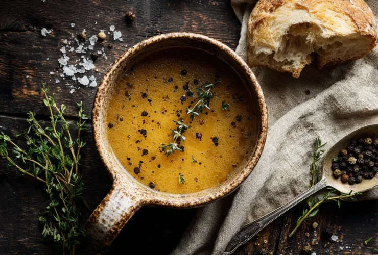 An overhead view of a rustic ceramic mug filled with deeply golden, healing bone broth soup recipe chicken served with fresh thyme and sourdough bread.