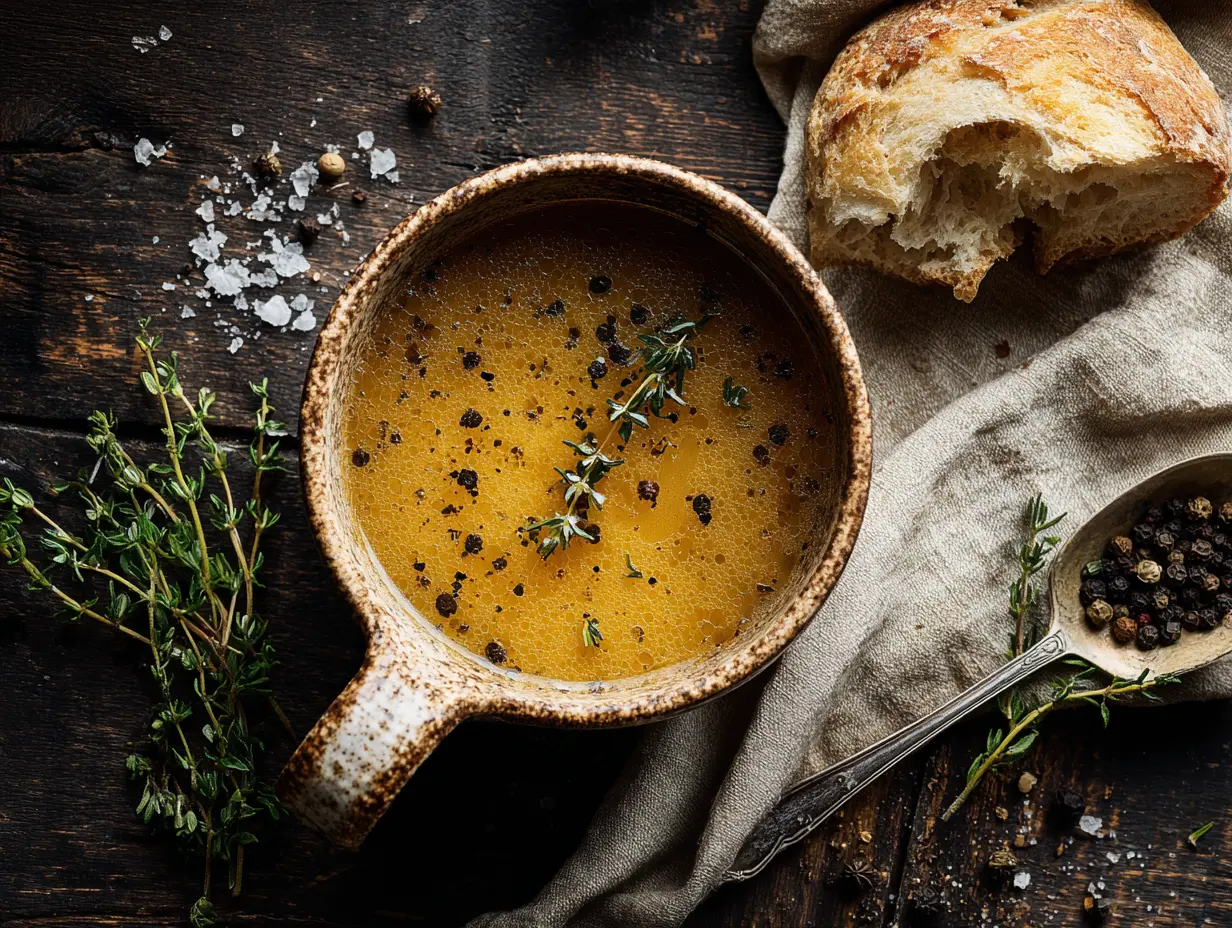 An overhead view of a rustic ceramic mug filled with deeply golden, healing bone broth soup recipe chicken served with fresh thyme and sourdough bread.