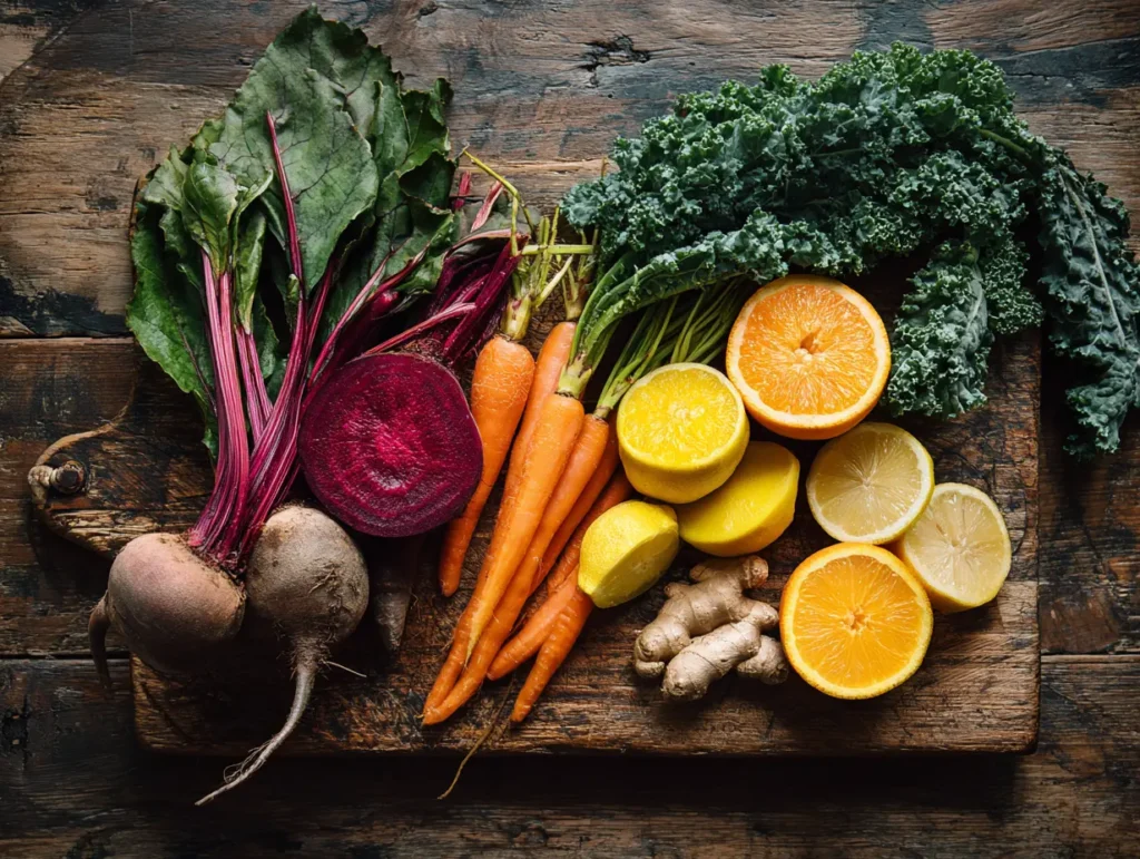 Juicer recipes — fresh beets, carrots, kale, ginger and citrus arranged on a wooden cutting board