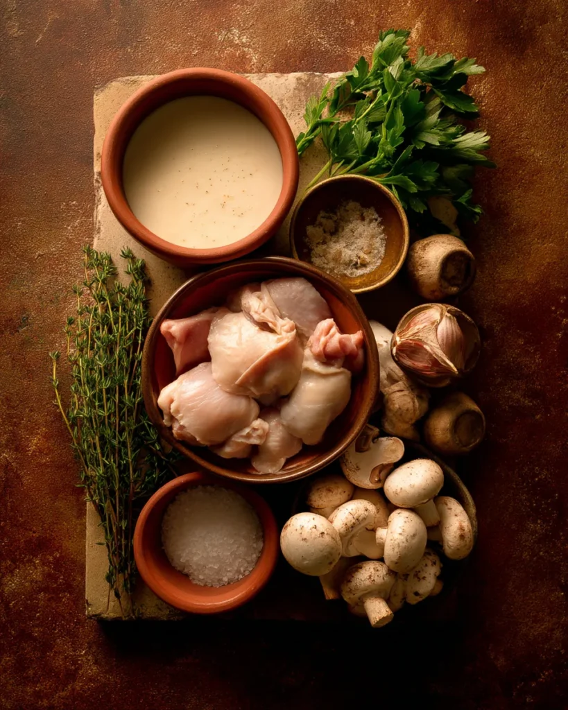 Chicken and cream of mushroom slow cooker mid-cook with bubbling mushroom sauce and steam in a stoneware crockpot