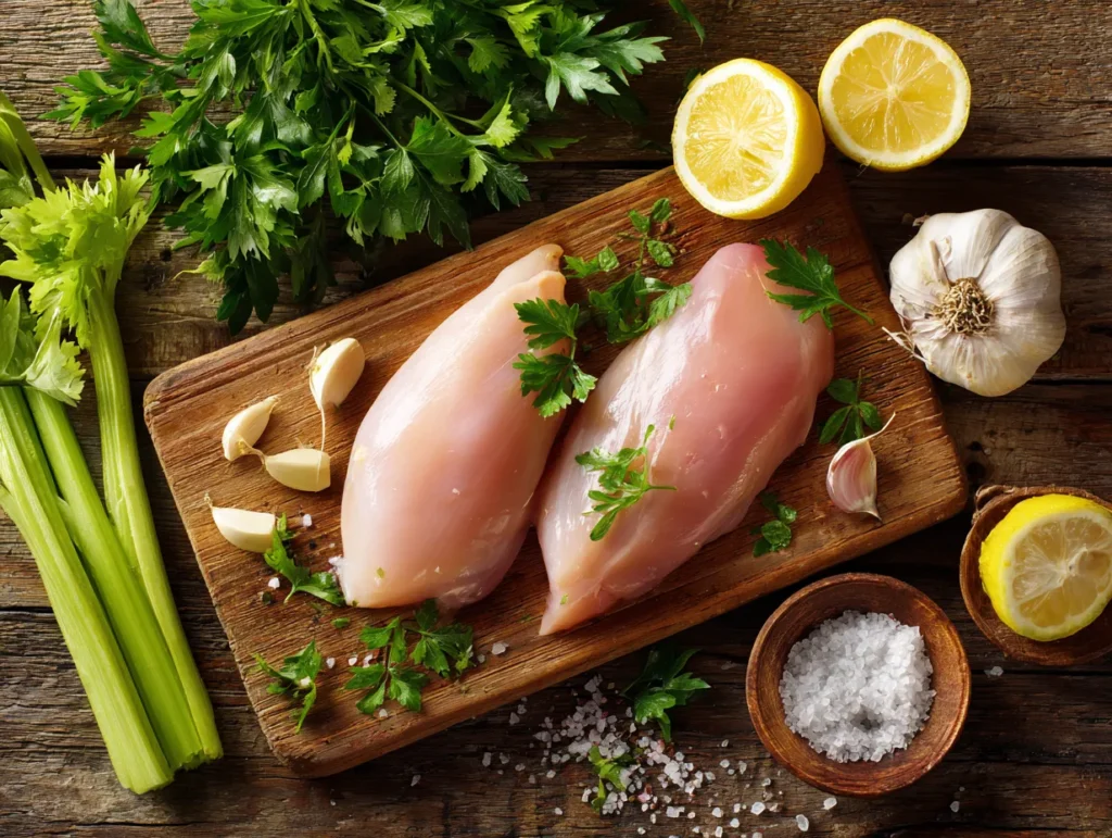 Fresh raw chicken breasts arranged on a wooden board next to garlic, peppercorns, and herbs, preparing to answer how long to boil chicken breast for tender results.