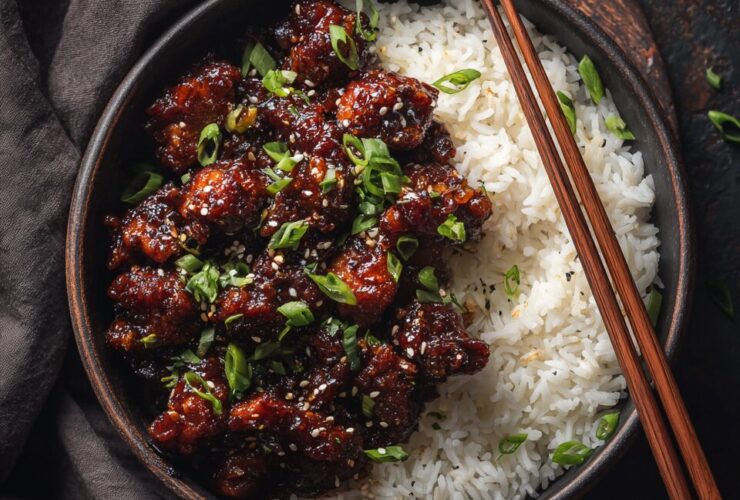 A ceramic bowl filled with sticky, glazed bourbon chicken recipe served over white rice and garnished with green scallions.