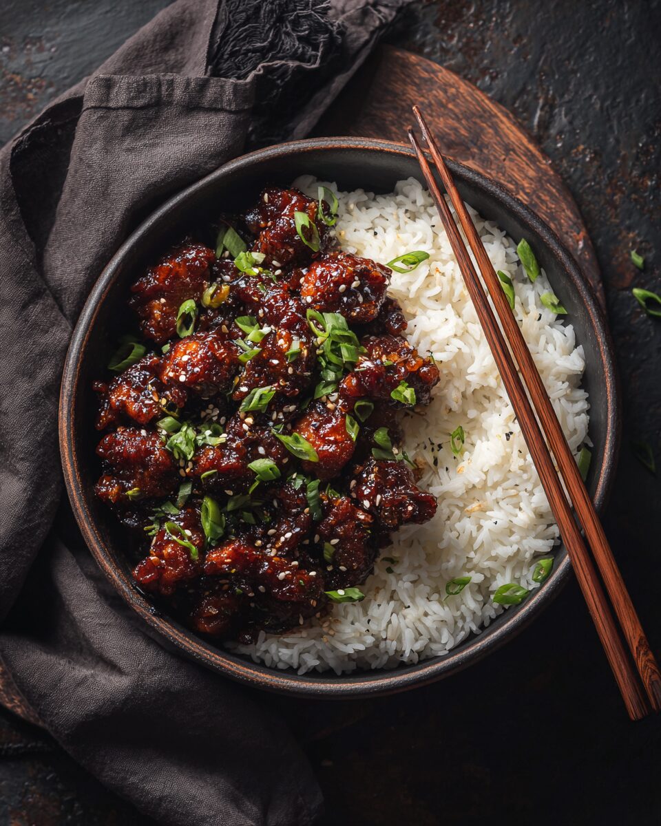 A ceramic bowl filled with sticky, glazed bourbon chicken recipe served over white rice and garnished with green scallions.
