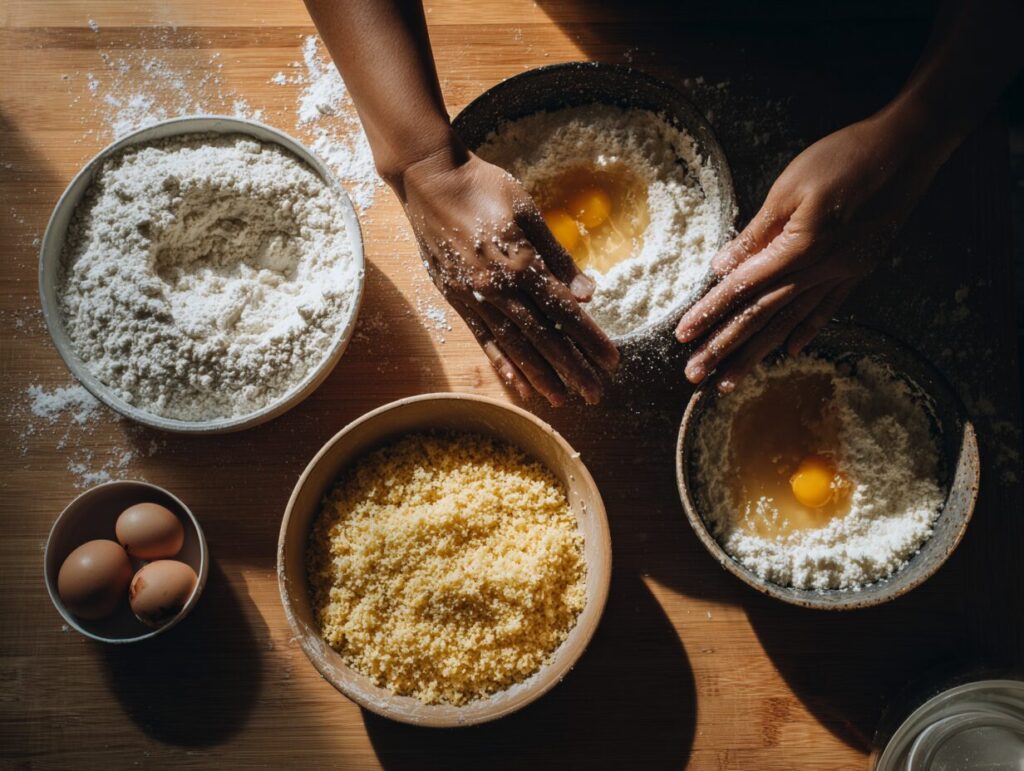 Preparing the chicken cutlet recipe by dipping a butterflied piece of poultry into a bowl of yellow egg wash beside a bowl of panko.