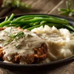 A rustic oval platter holding two large, incredibly crispy, golden-brown chicken fried steaks smothered in creamy white pepper gravy, served with a side of mashed potatoes and green beans on a sunny wooden table.