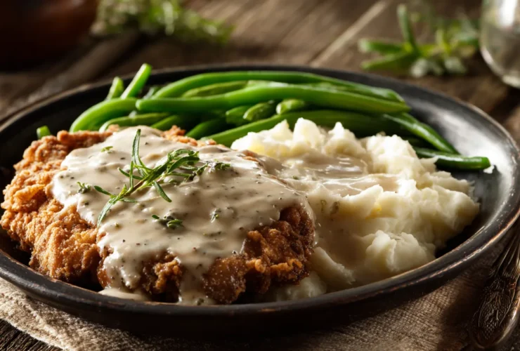 A rustic oval platter holding two large, incredibly crispy, golden-brown chicken fried steaks smothered in creamy white pepper gravy, served with a side of mashed potatoes and green beans on a sunny wooden table.