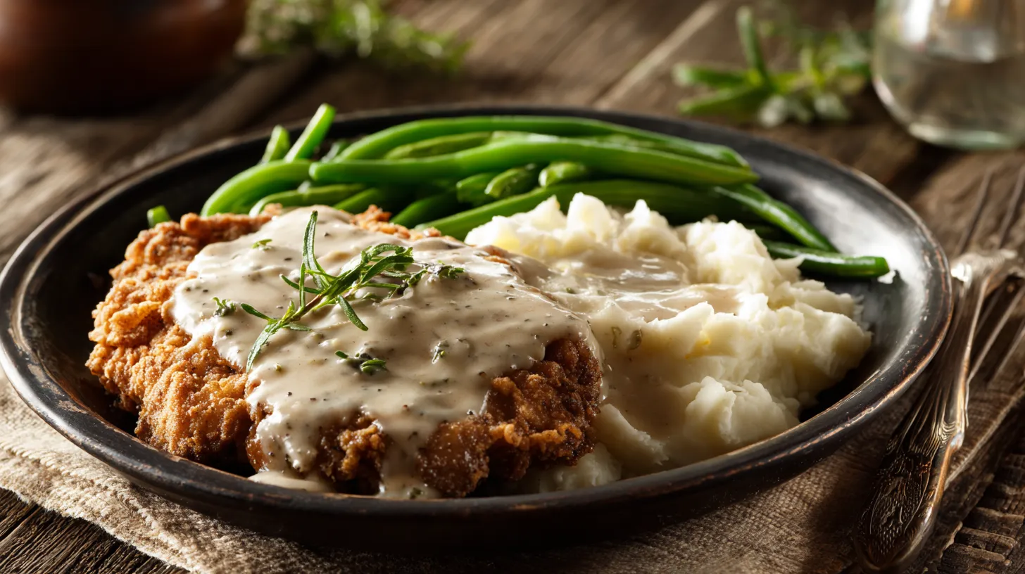 A rustic oval platter holding two large, incredibly crispy, golden-brown chicken fried steaks smothered in creamy white pepper gravy, served with a side of mashed potatoes and green beans on a sunny wooden table.