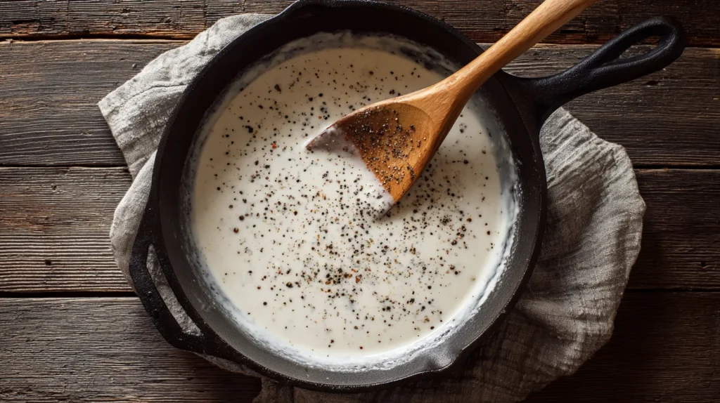 chicken fried steak recipe — making white pepper gravy in a skillet