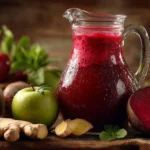 A large glass pitcher of bright red healthy jungle juice recipe surrounded by fresh apples and beets.