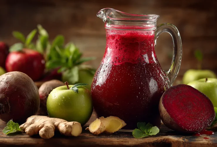 A large glass pitcher of bright red healthy jungle juice recipe surrounded by fresh apples and beets.
