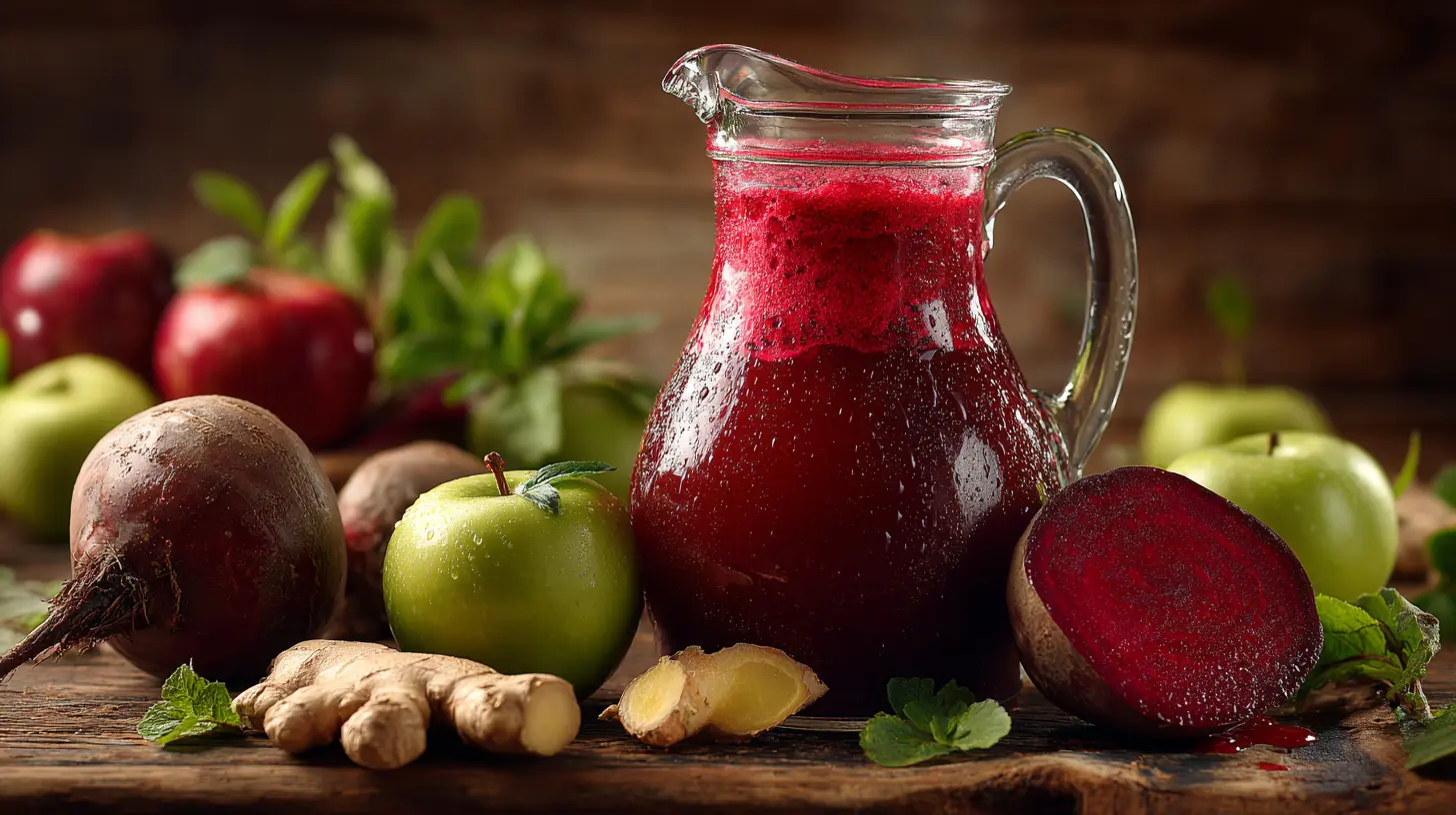 A large glass pitcher of bright red healthy jungle juice recipe surrounded by fresh apples and beets.