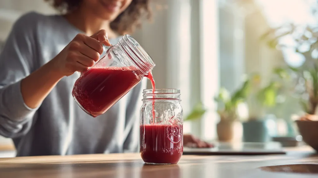 A person in a sunny kitchen pouring a glass of fresh red juice into a mason jar.