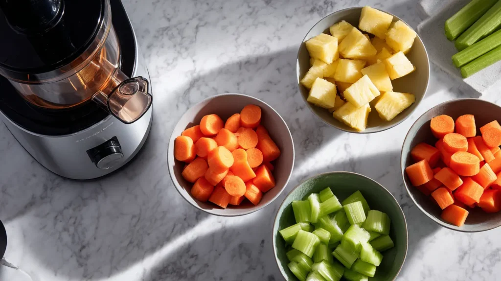 Freshly chopped vegetables and fruits arranged next to a modern cold-press juicer.