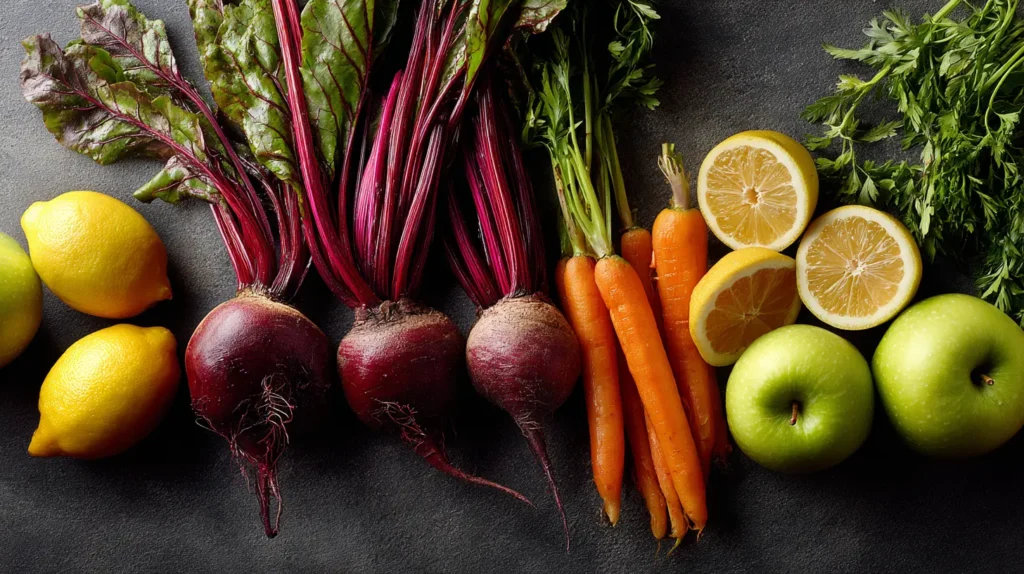 A flat-lay arrangement of raw beets, carrots, apples, and lemons on a dark slate background.