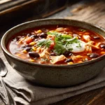 A comforting rustic bowl of vibrant red-orange spicy chicken soup garnished with cilantro, lime, sour cream, and chili oil on a dark wooden table with steam rising.