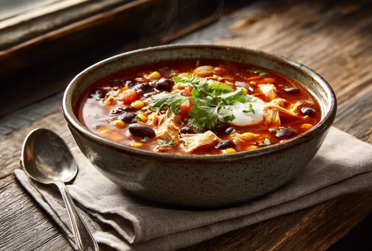 A comforting rustic bowl of vibrant red-orange spicy chicken soup garnished with cilantro, lime, sour cream, and chili oil on a dark wooden table with steam rising.