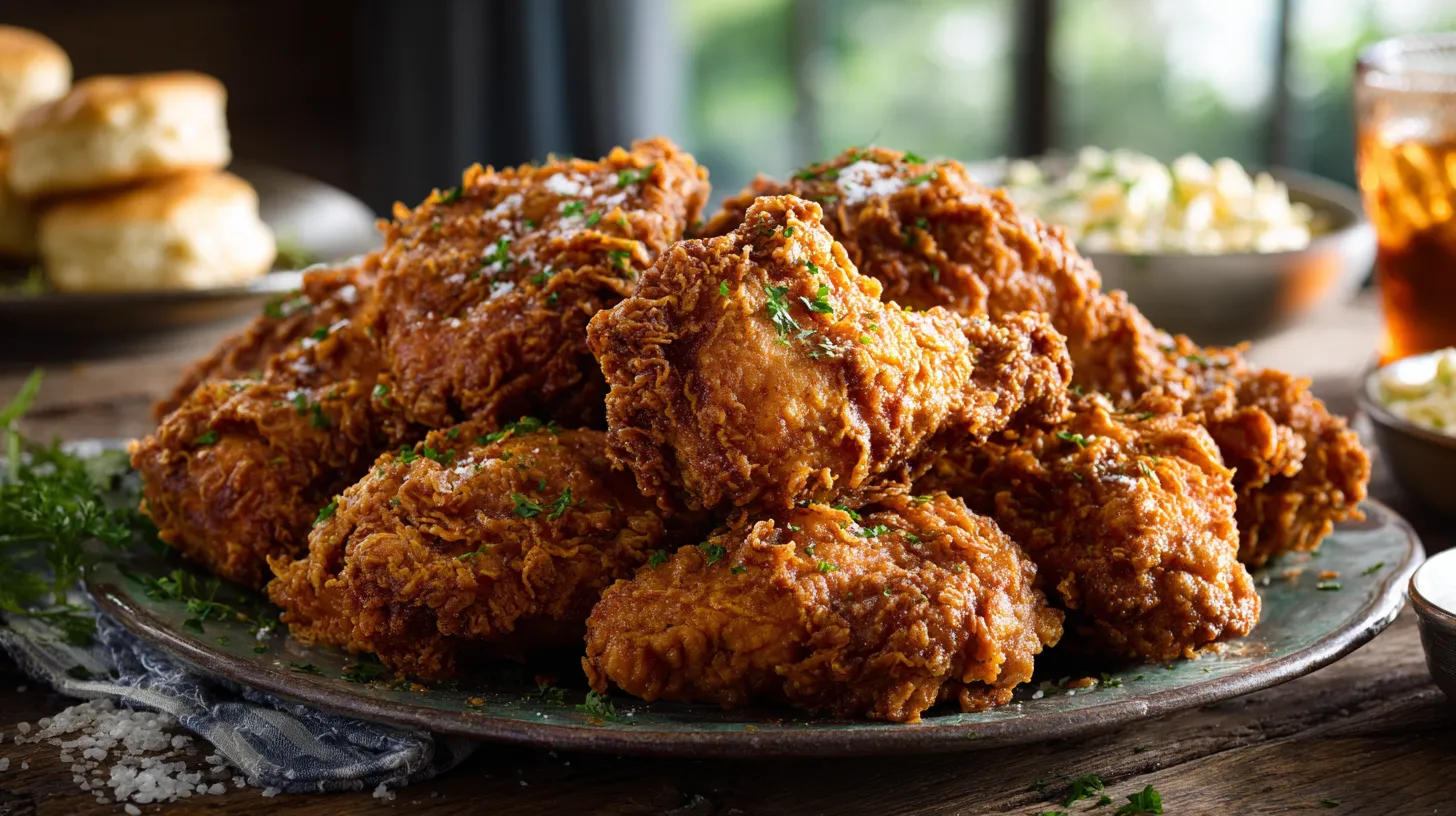 A rustic platter overflowing with a golden-brown, intensely crispy pile of Southern fried chicken, served on a weathered wooden table with biscuits and coleslaw in a warm, sunny kitchen.