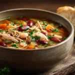 A rustic ceramic bowl filled with a hearty chicken and bean soup, packed with shredded chicken, vegetables, and beans, topped with fresh herbs, sitting on a wooden table next to crusty bread.