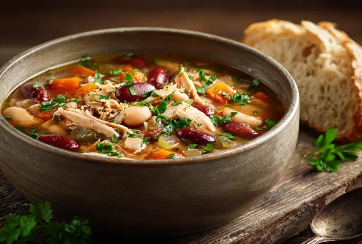 A rustic ceramic bowl filled with a hearty chicken and bean soup, packed with shredded chicken, vegetables, and beans, topped with fresh herbs, sitting on a wooden table next to crusty bread.
