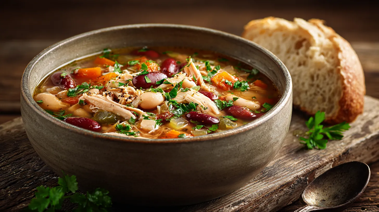 A rustic ceramic bowl filled with a hearty chicken and bean soup, packed with shredded chicken, vegetables, and beans, topped with fresh herbs, sitting on a wooden table next to crusty bread.
