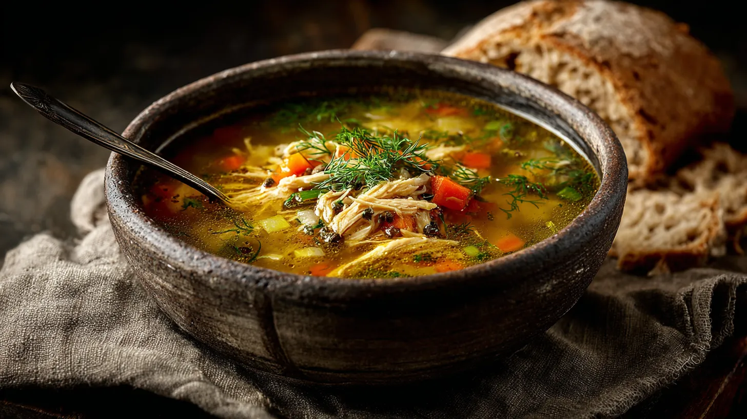 A comforting rustic stoneware bowl filled with steaming homemade chicken soup featuring shredded chicken, carrots, celery, and fresh herbs, sitting on a wooden table next to crusty bread under warm window light.