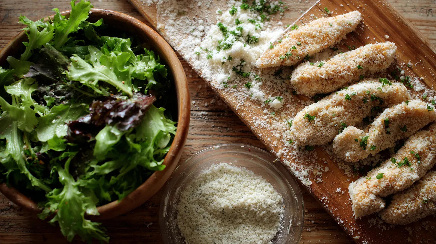 A beautiful outdoor dining table spread featuring a large bowl of creamy lemon herb chicken pasta salad sitting next to a vibrant Mediterranean green salad under warm sunlight.